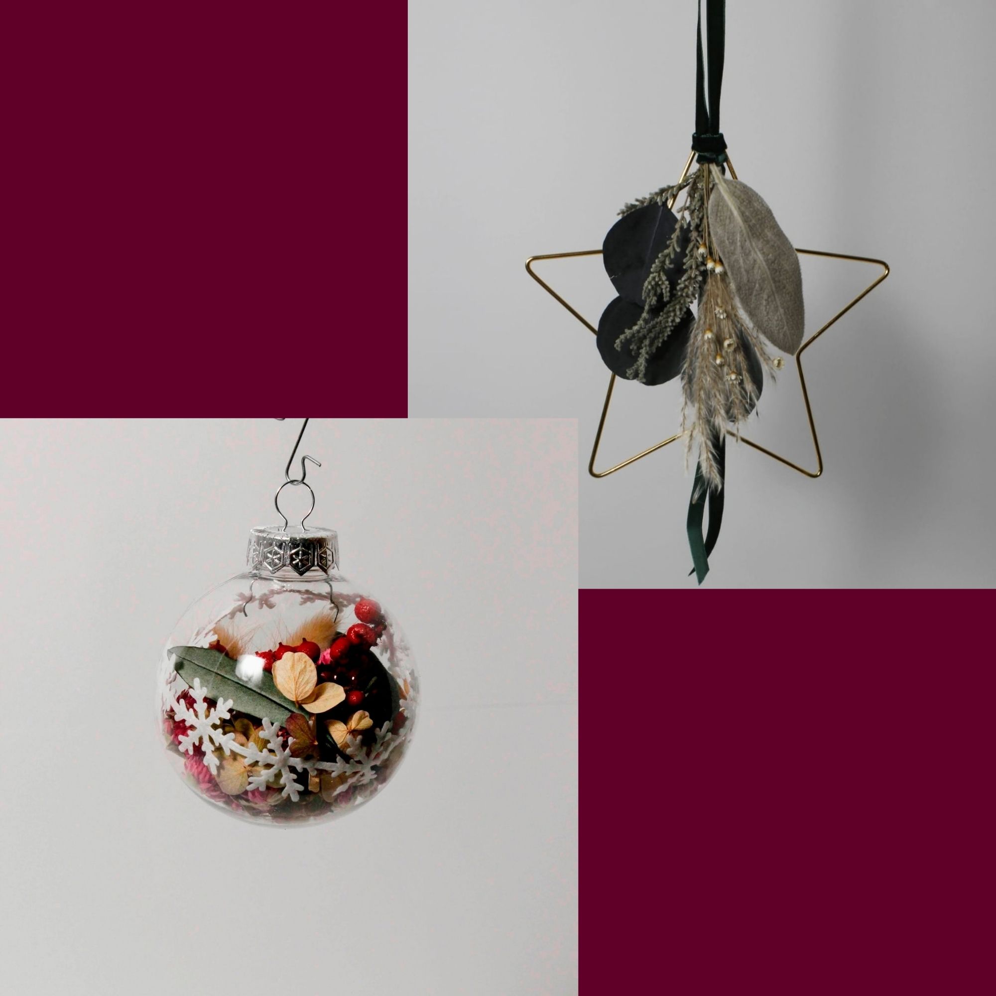 Weihnachtlicher Metallstern und Kugeln mit Trockenblumen